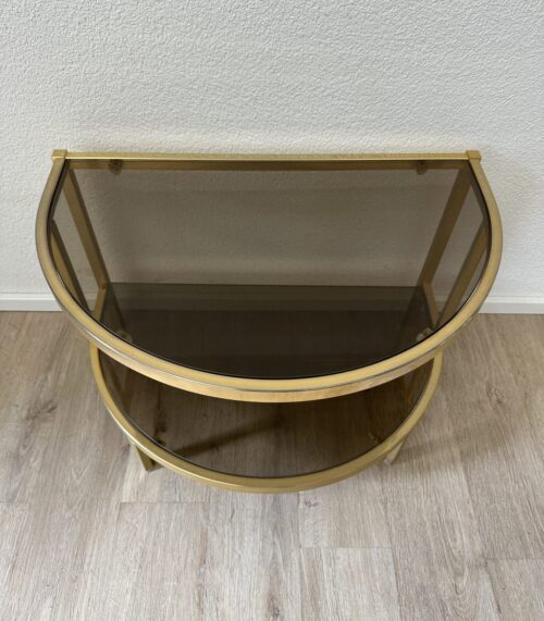 Vintage Couchtisch halbkreisförmig mit Rauchglas und Metall