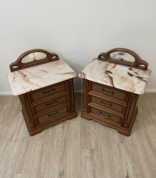 Vintage Nachttisch mit marmorierter Ablage und Spiegel