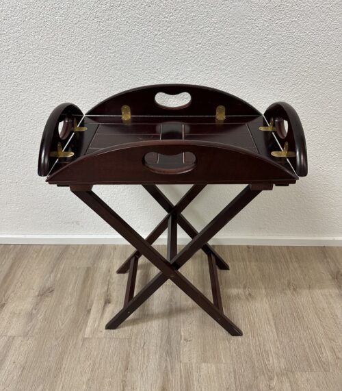 Vintage klappbarer Serviertisch aus dunklem Holz mit Griffen