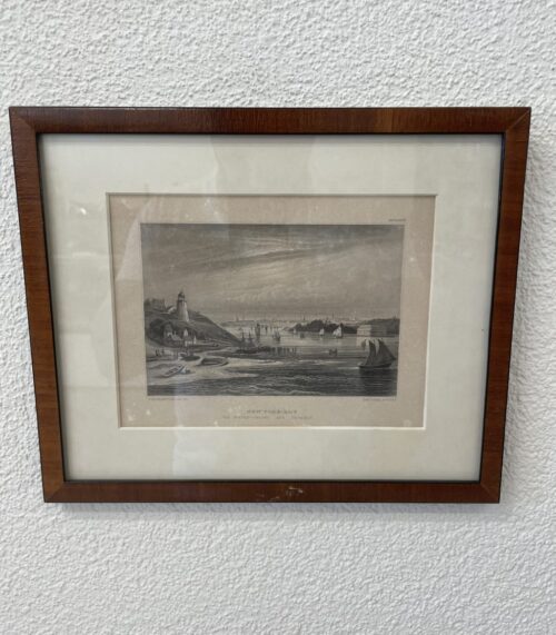 Antik Grafik New Yorker Bucht mit Leuchtturm gerahmt 1850