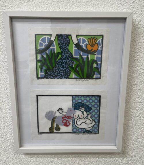 Vintage Farbzeichnungen im Rahmen mit Figur und Pflanzen