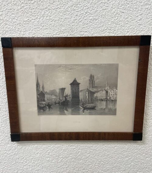 Antik Grafik Stadtansicht Zürich im Holzrahmen 1836