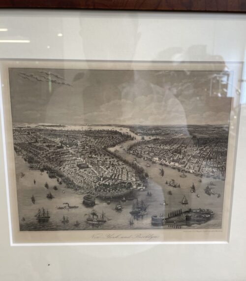 Antik Stahlstich New York und Brooklyn im Holzrahmen