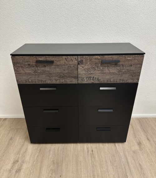 Kommode mit 6 Schubladen in Schwarz mit Holzoptik Fronten