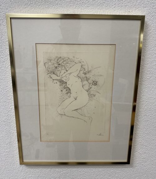 Vintage Radierung H. Albien nackte Figur im Metallrahmen