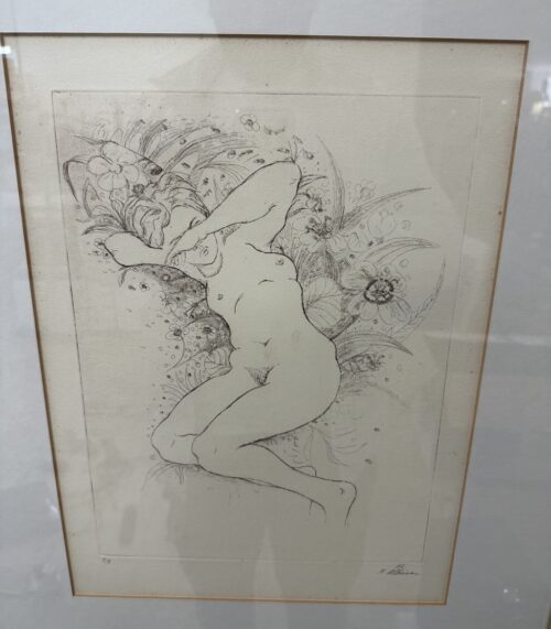 Vintage Radierung H. Albien nackte Figur im Metallrahmen