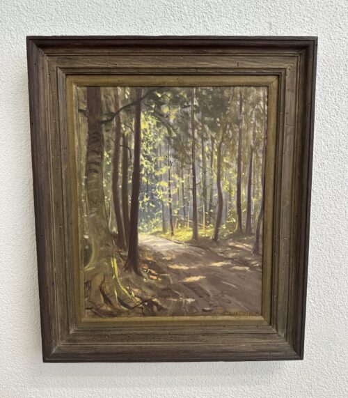 Vintage Ölgemälde Waldlandschaft mit Sonnenstrahlen T. Schmid