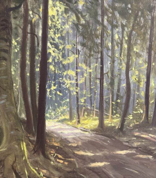 Vintage Ölgemälde Waldlandschaft mit Sonnenstrahlen T. Schmid