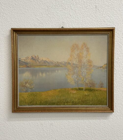 Vintage Ölgemälde Landschaft mit See im Goldrahmen Marius Jacobi
