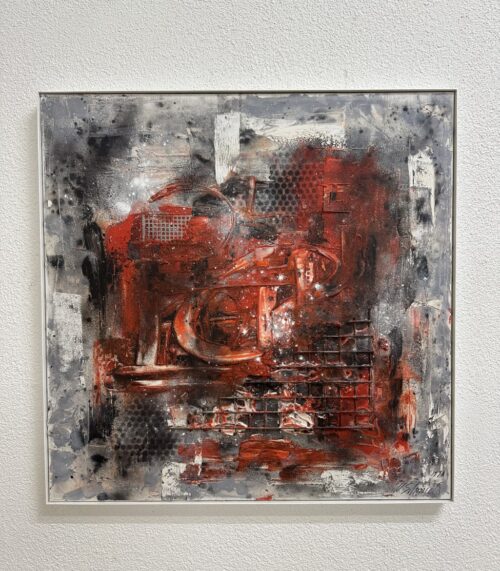 Vintage abstraktes Leinwandbild in Rot und Grau J. Schmidt 1996
