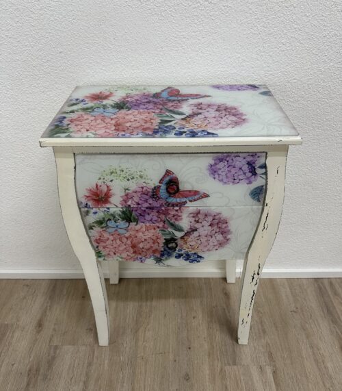 Vintage Nachttisch mit floralen Motiven und 2 Schubladen