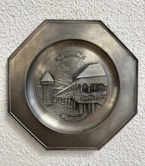 Vintage Zinn Wandteller Kapellbrücke Luzern achteckig