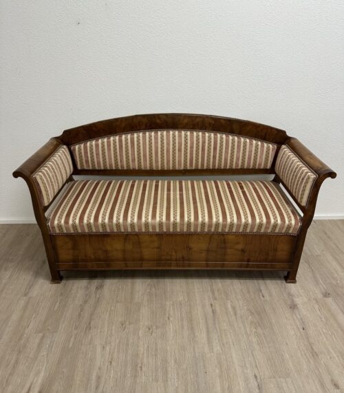 Antike Biedermeier Sitzbank aus Nussbaum mit Polsterbezug