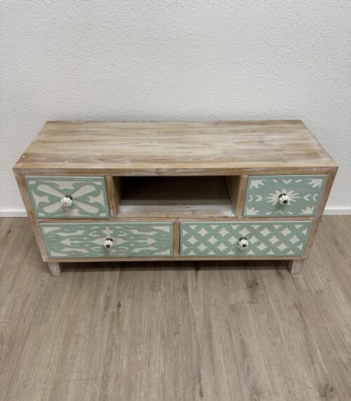 TV-Unterschrank mit Schubladen in Holz und Pastellgrün