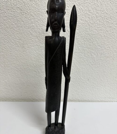 Vintage afrikanische Holzfigur in Schwarz mit Speer