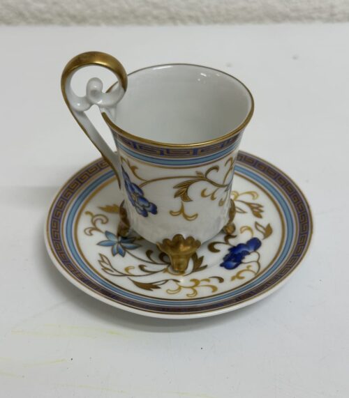 Vintage Porzellan Kaffeetasse mit Unterteller blau gold