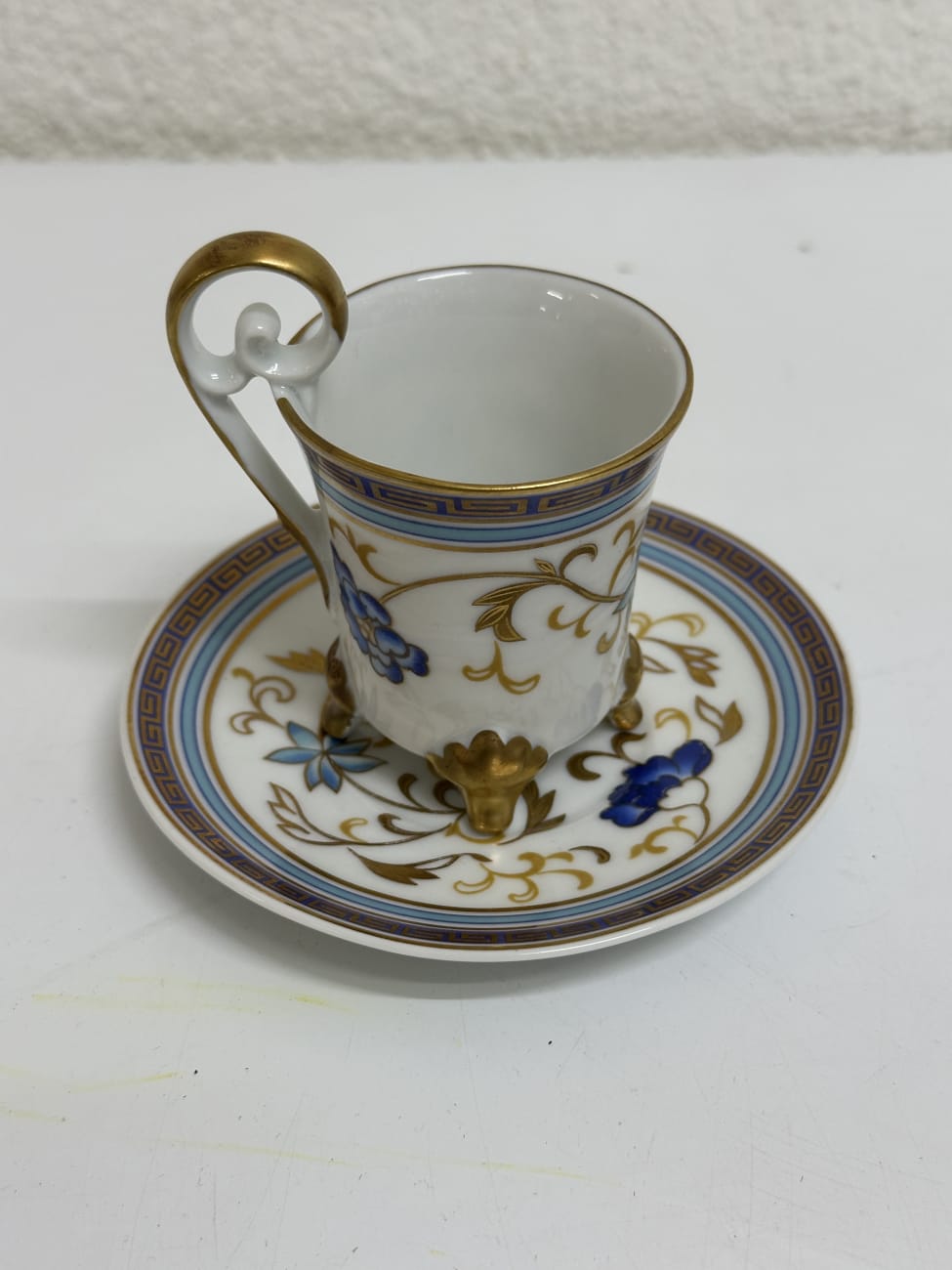 Vintage Porzellan Kaffeetasse mit Unterteller blau gold