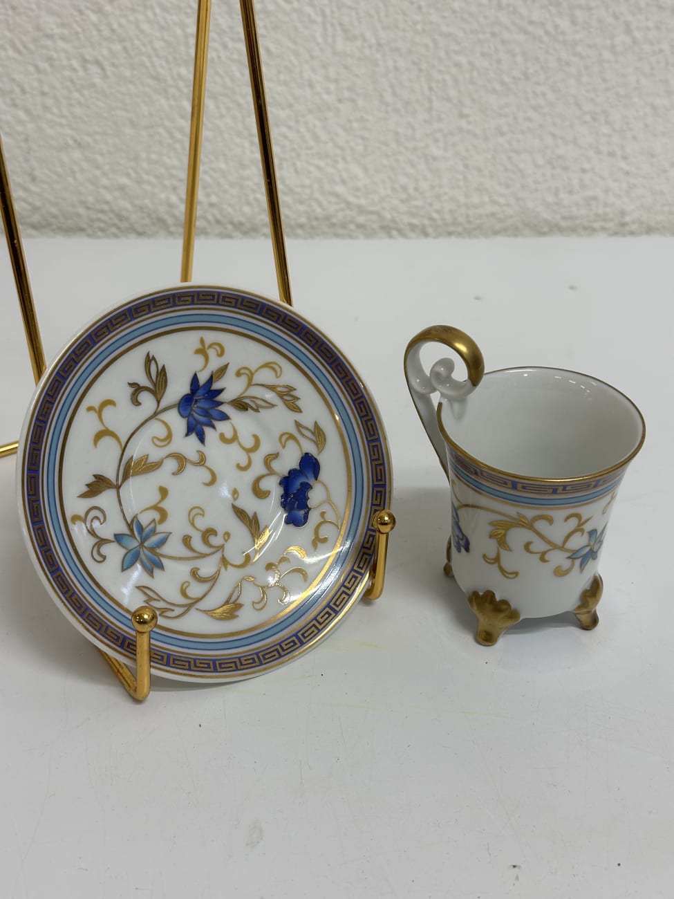 Vintage Porzellan Kaffeetasse mit Unterteller blau gold