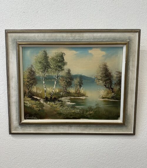 Vintage Landschaftsgemälde mit Seeufer und Birken im Holzrahmen 79 x 63 cm