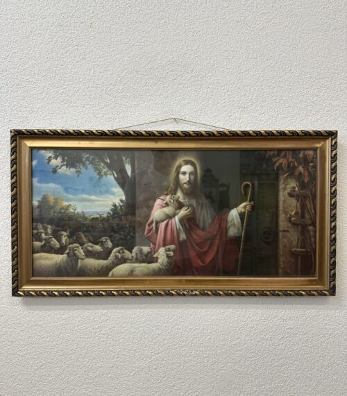Vintage religiöses Bild Hirte mit Schafen im Goldrahmen