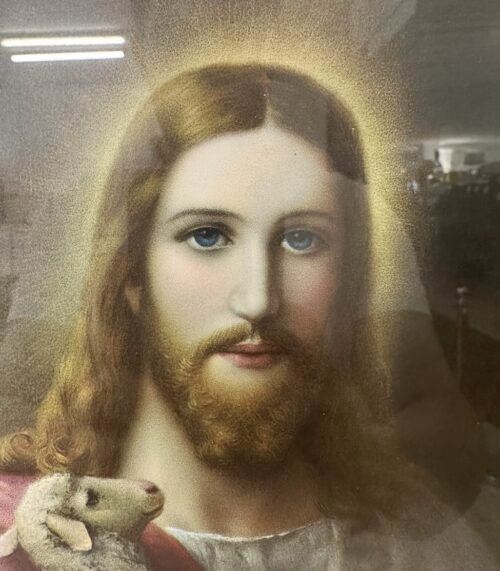 Vintage religiöses Bild Hirte mit Schafen im Goldrahmen