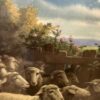 Vintage religiöses Bild Hirte mit Schafen im Goldrahmen