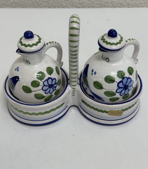 Vintage Keramik Essig- und Ölset handbemalt mit Ständer