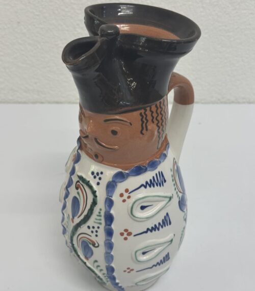 Vintage Keramik Karaffe mit Gesicht und floraler Bemalung