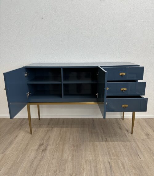Modernes blaues Sideboard mit Goldgriffen und Stauraum