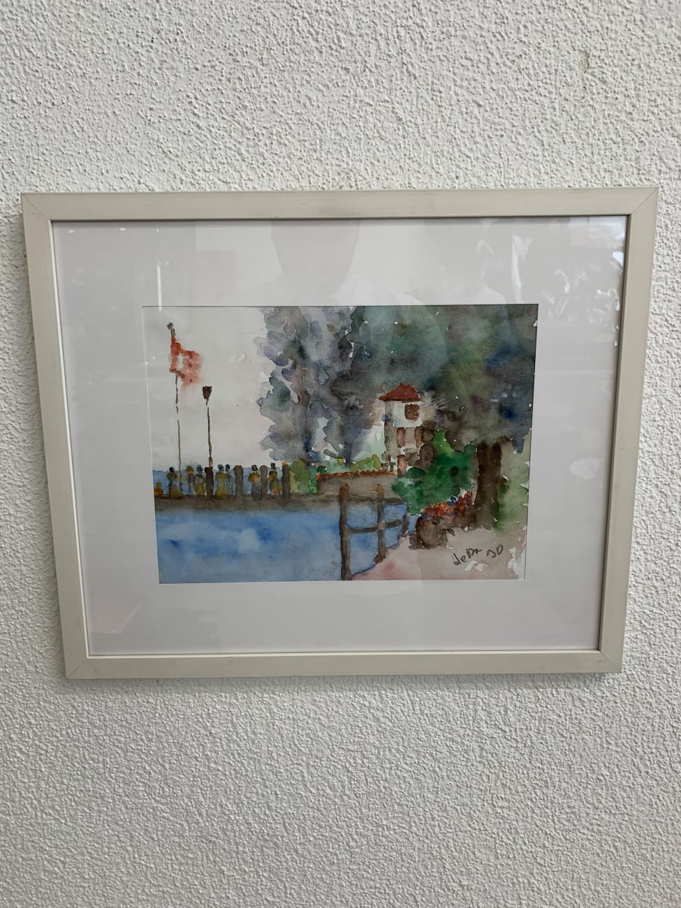 Vintage Aquarellbild mit Teichszene im schlichten Rahmen