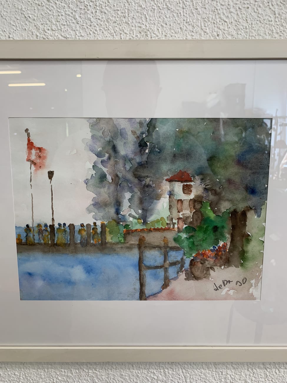 Vintage Aquarellbild mit Teichszene im schlichten Rahmen