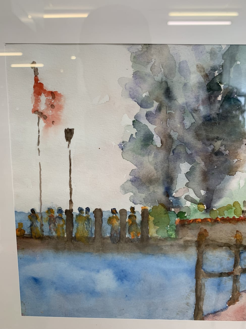 Vintage Aquarellbild mit Teichszene im schlichten Rahmen