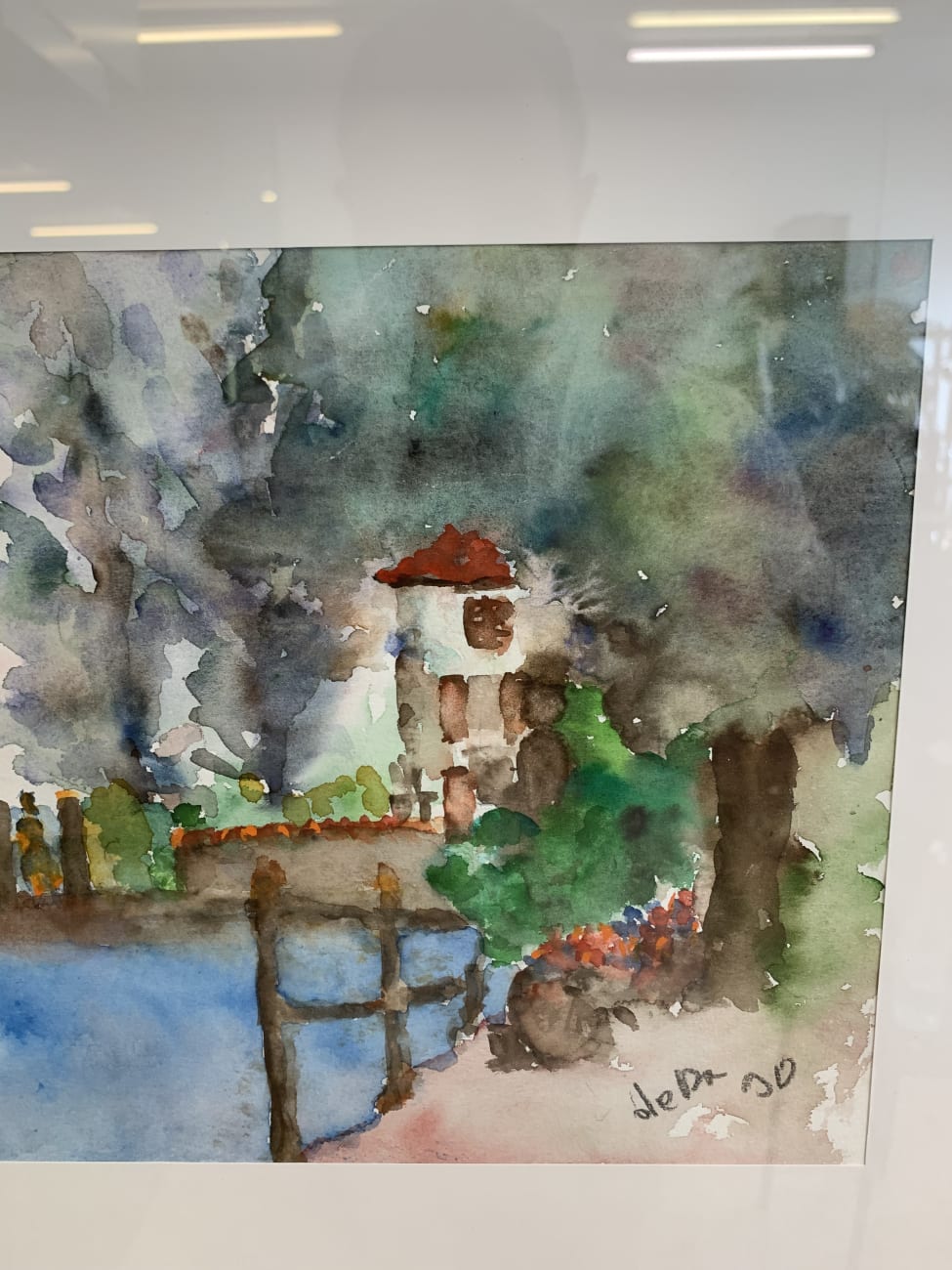 Vintage Aquarellbild mit Teichszene im schlichten Rahmen