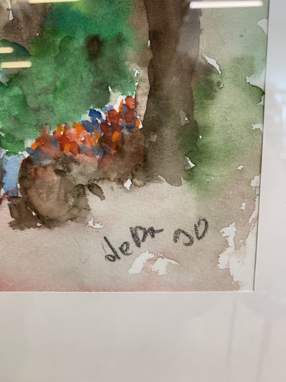 Vintage Aquarellbild mit Teichszene im schlichten Rahmen