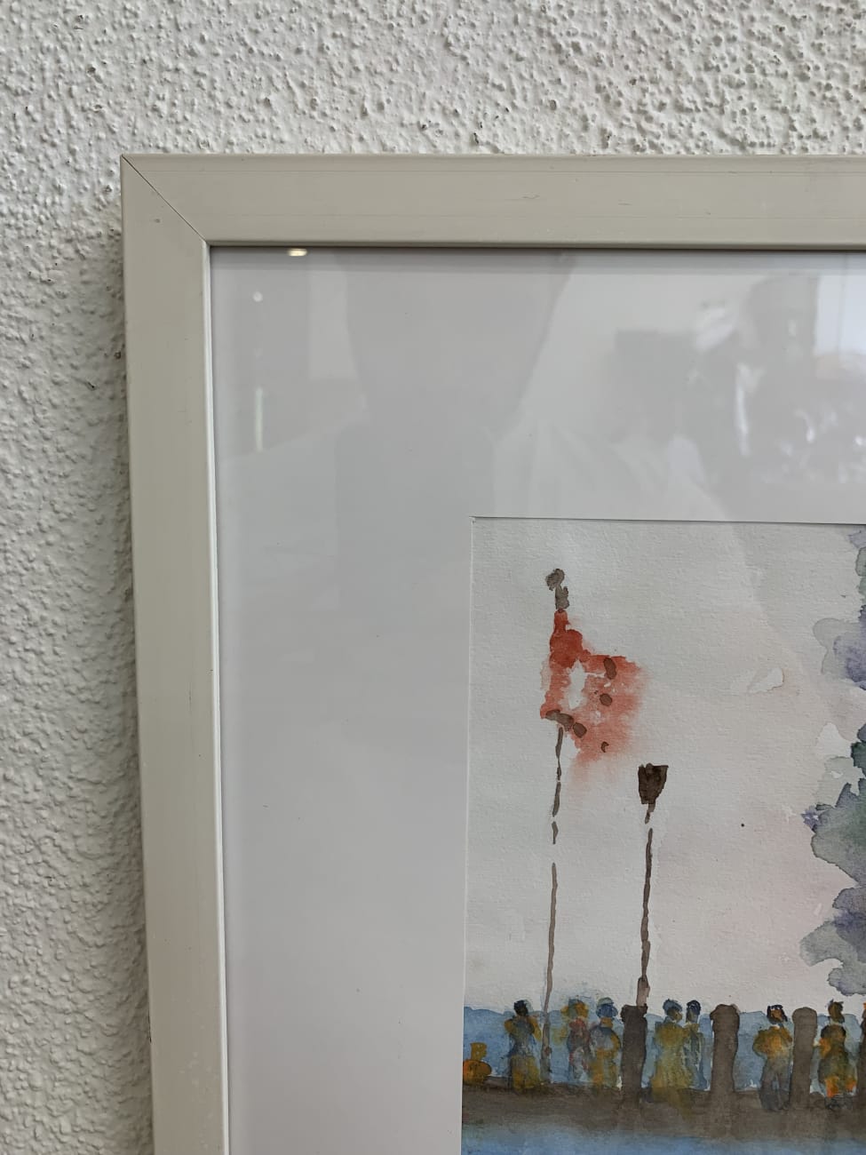 Vintage Aquarellbild mit Teichszene im schlichten Rahmen