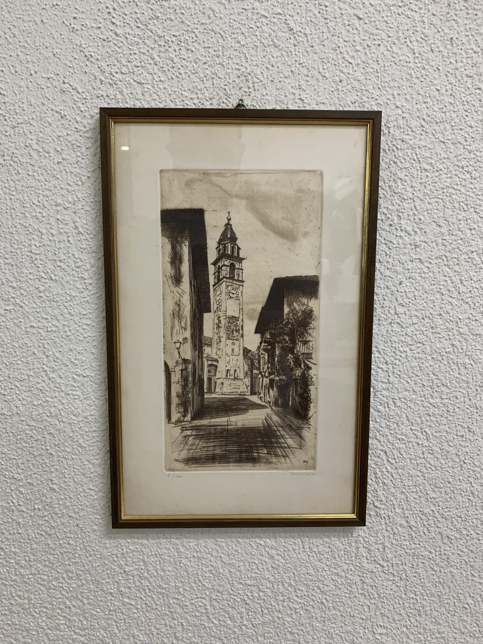 Vintage Radierung Turmstadtansicht im goldenen Rahmen 6/100