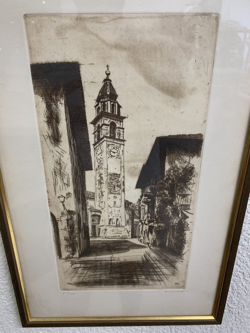 Vintage Radierung Turmstadtansicht im goldenen Rahmen 6/100