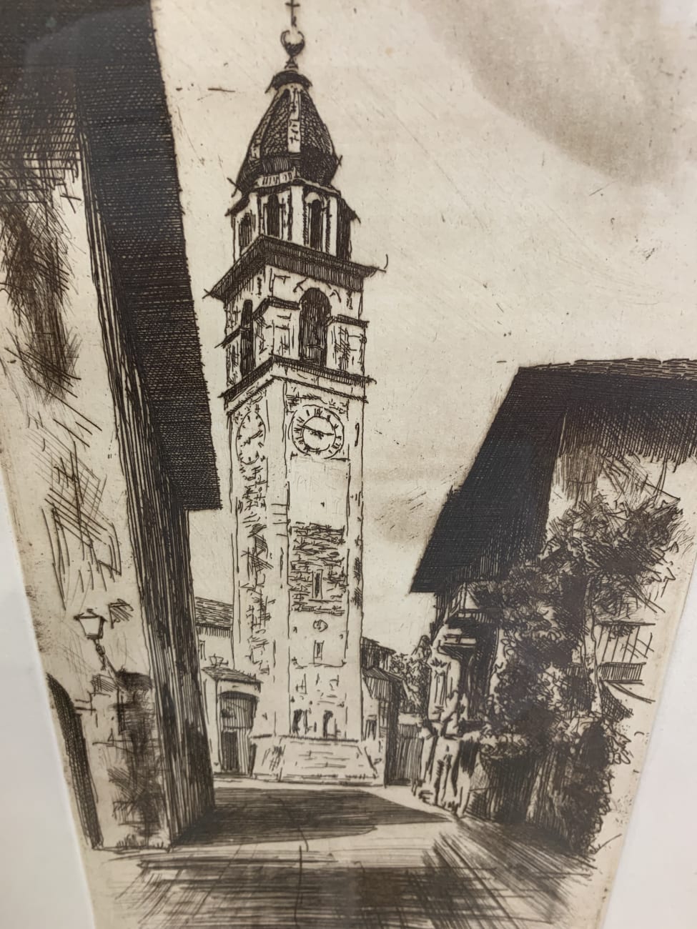 Vintage Radierung Turmstadtansicht im goldenen Rahmen 6/100