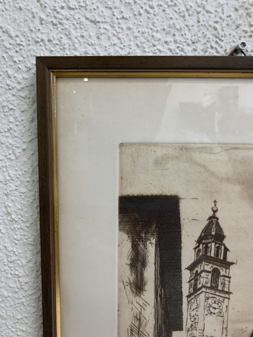 Vintage Radierung Turmstadtansicht im goldenen Rahmen 6/100
