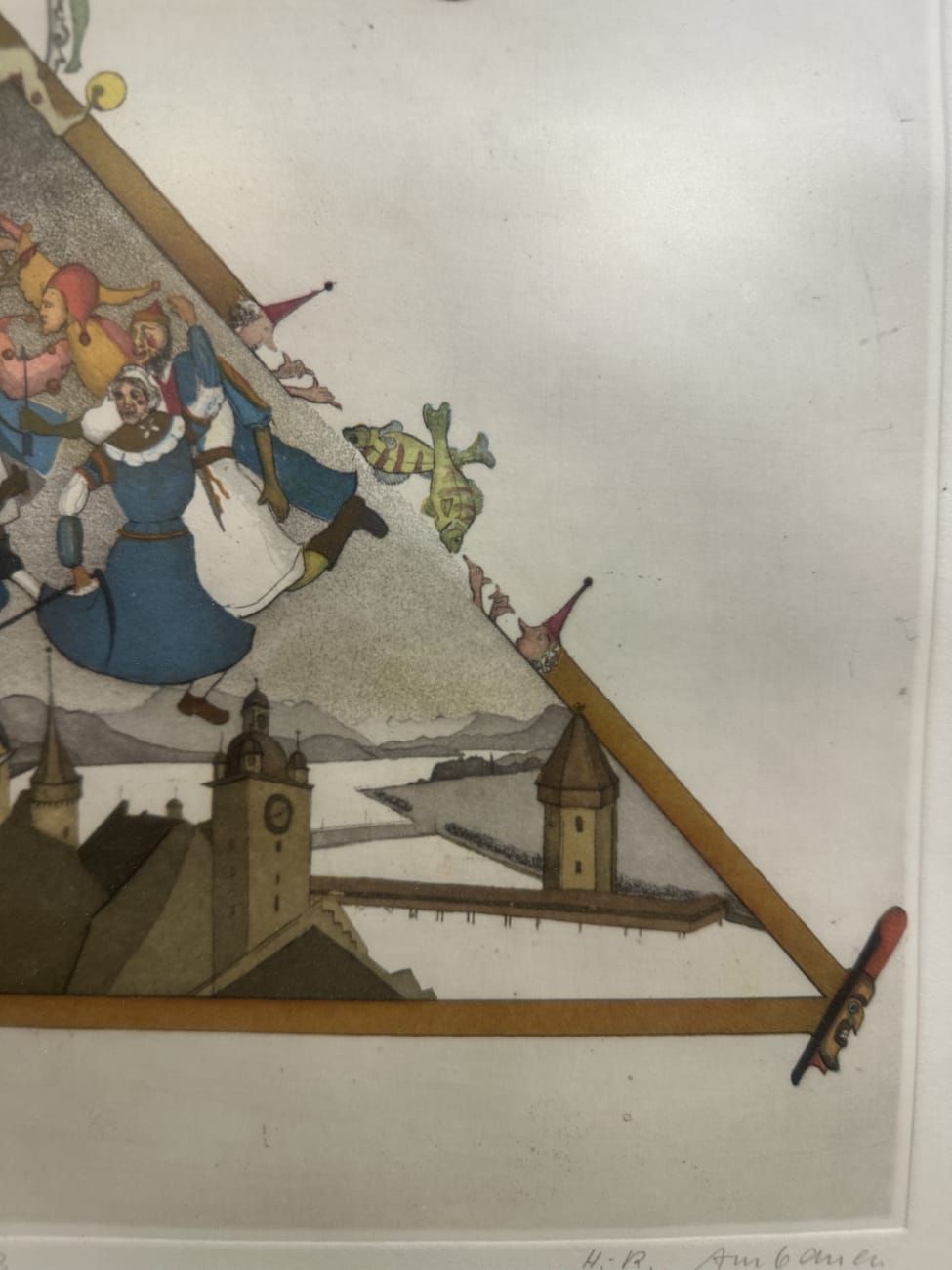Vintage Kunstdruck Ambauer pyramidenförmig im Holzrahmen