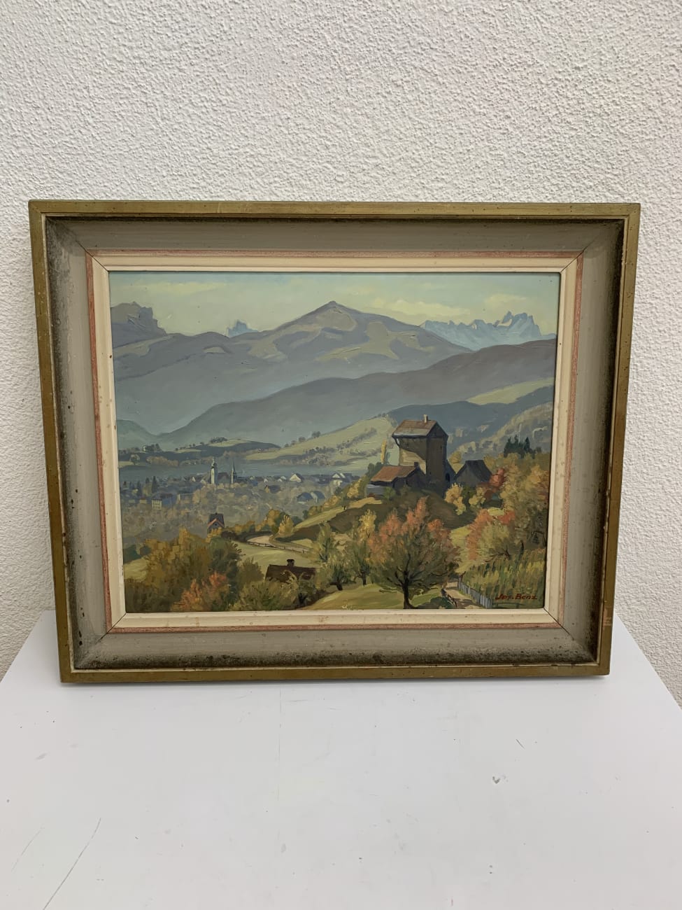 Vintage Original Ölgemälde von Jos. Benz - Alpen & Dorfansicht 61 x 52 cm