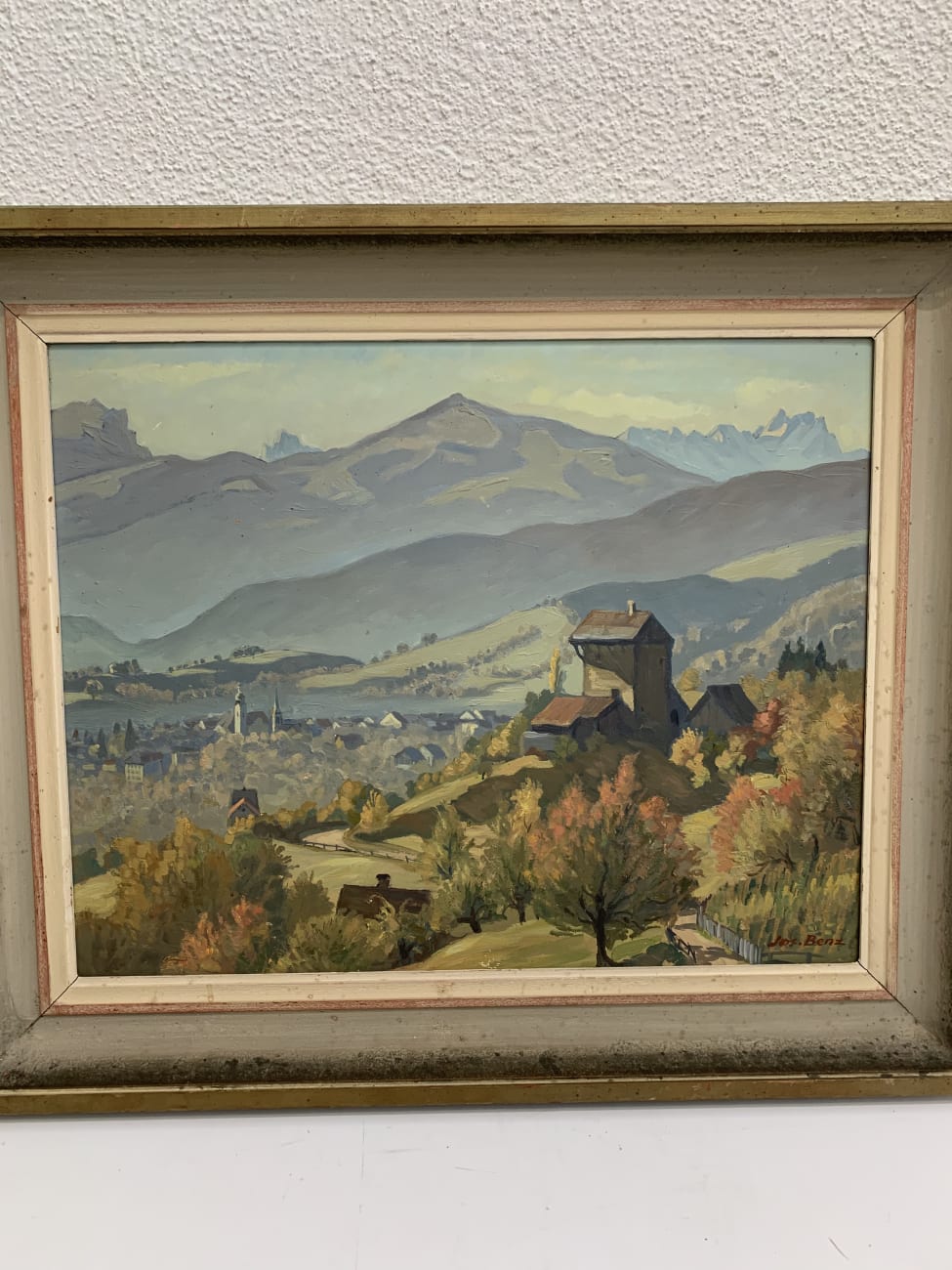Vintage Original Ölgemälde von Jos. Benz - Alpen & Dorfansicht 61 x 52 cm – Bild 2