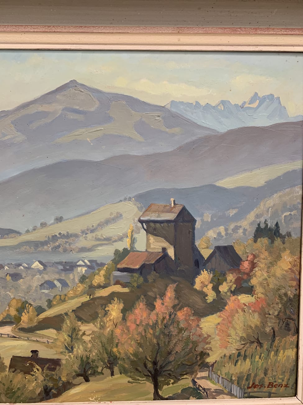 Vintage Original Ölgemälde von Jos. Benz - Alpen & Dorfansicht 61 x 52 cm – Bild 5