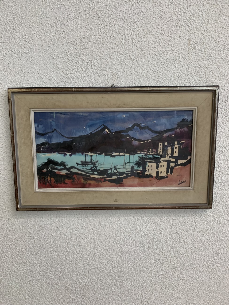 Vintage Aquarell Landschaft mit Booten im Holzrahmen
