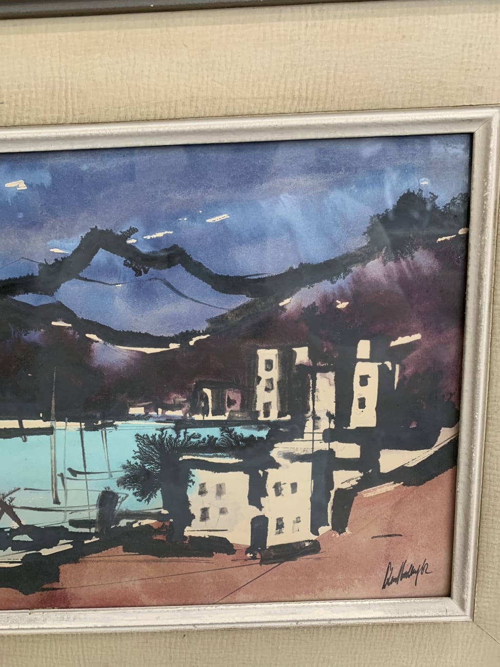 Vintage Aquarell Landschaft mit Booten im Holzrahmen