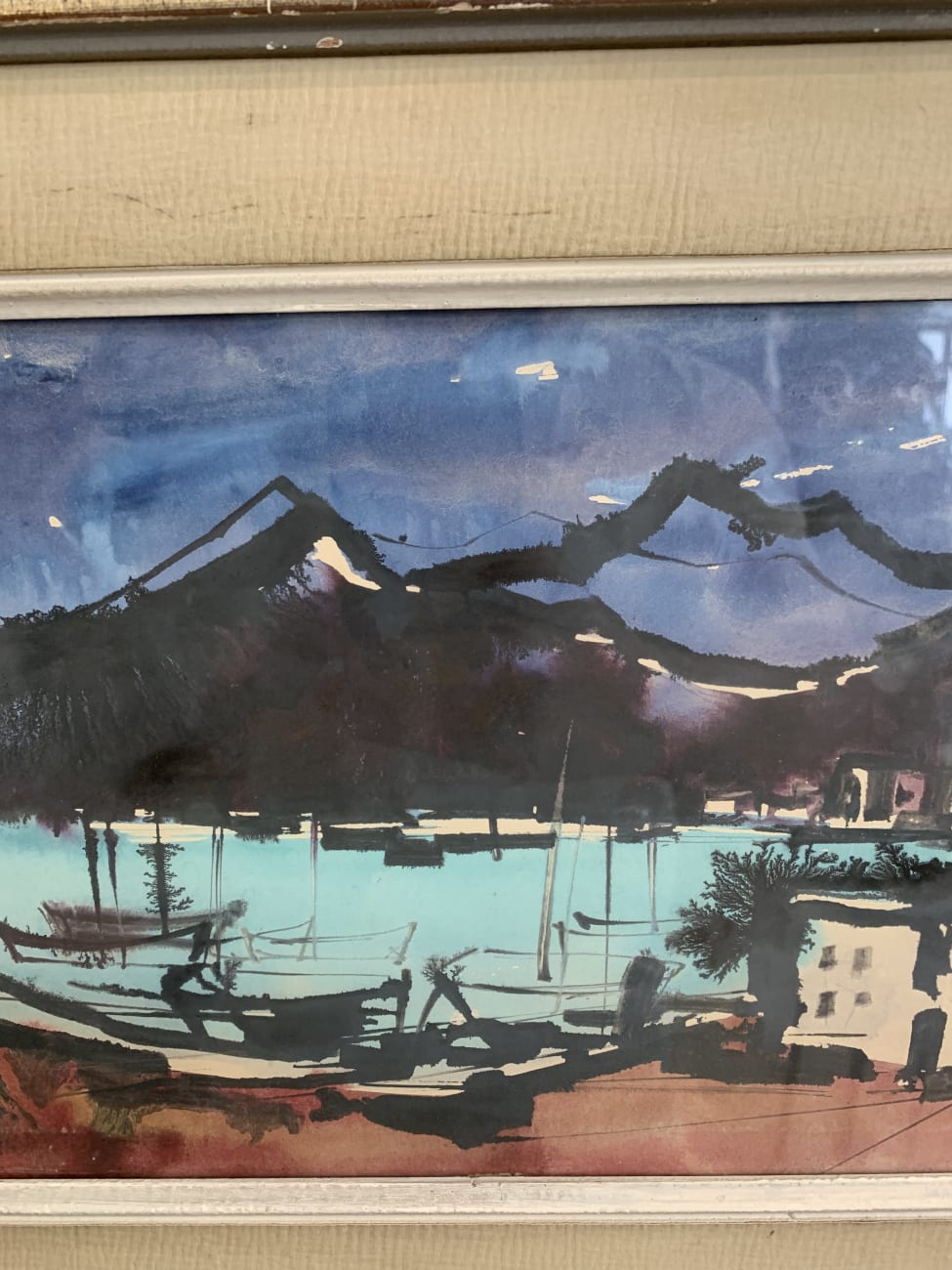 Vintage Aquarell Landschaft mit Booten im Holzrahmen