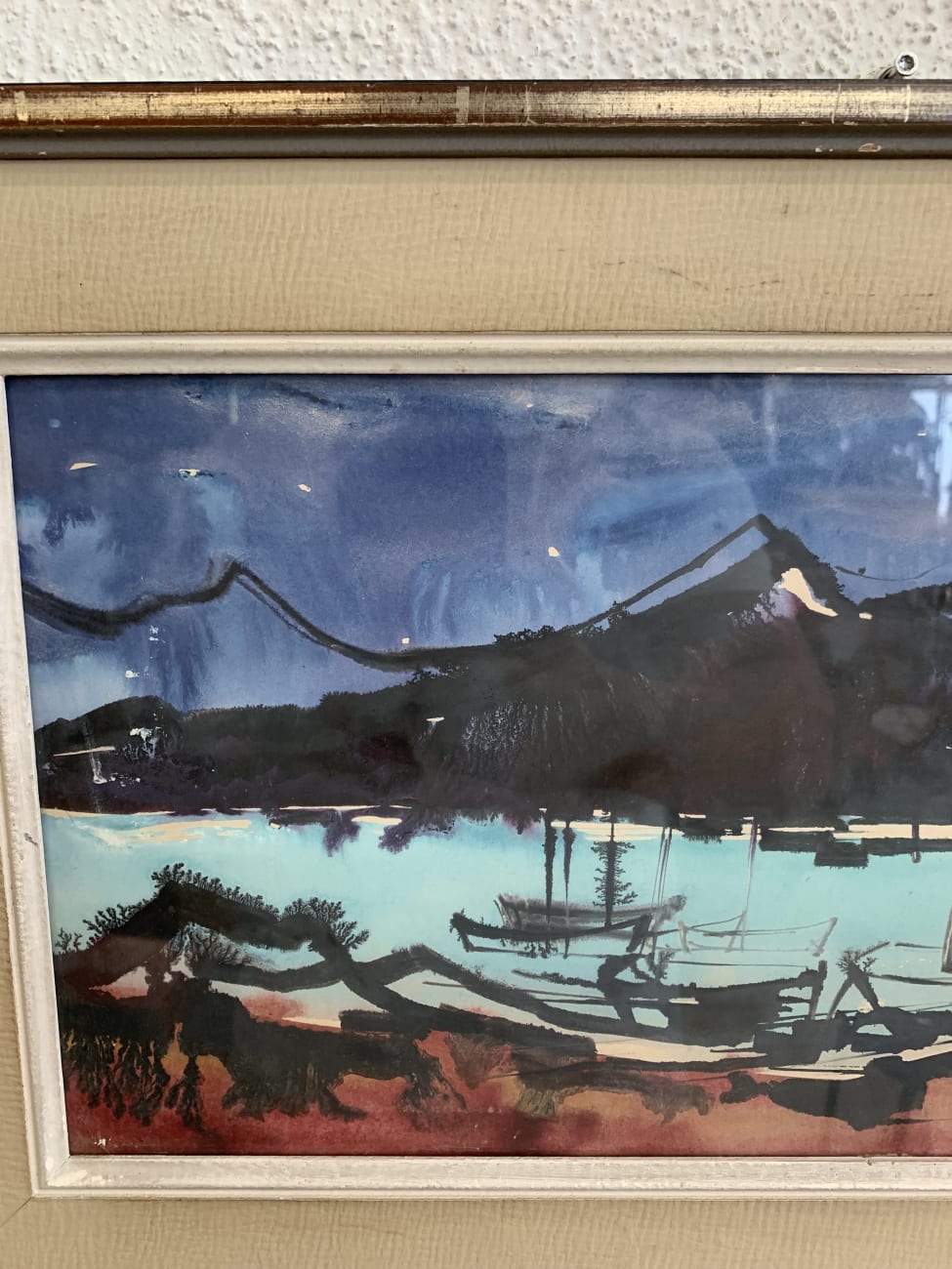 Vintage Aquarell Landschaft mit Booten im Holzrahmen