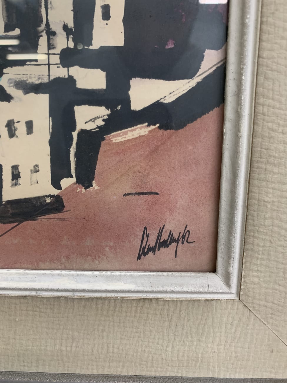 Vintage Aquarell Landschaft mit Booten im Holzrahmen