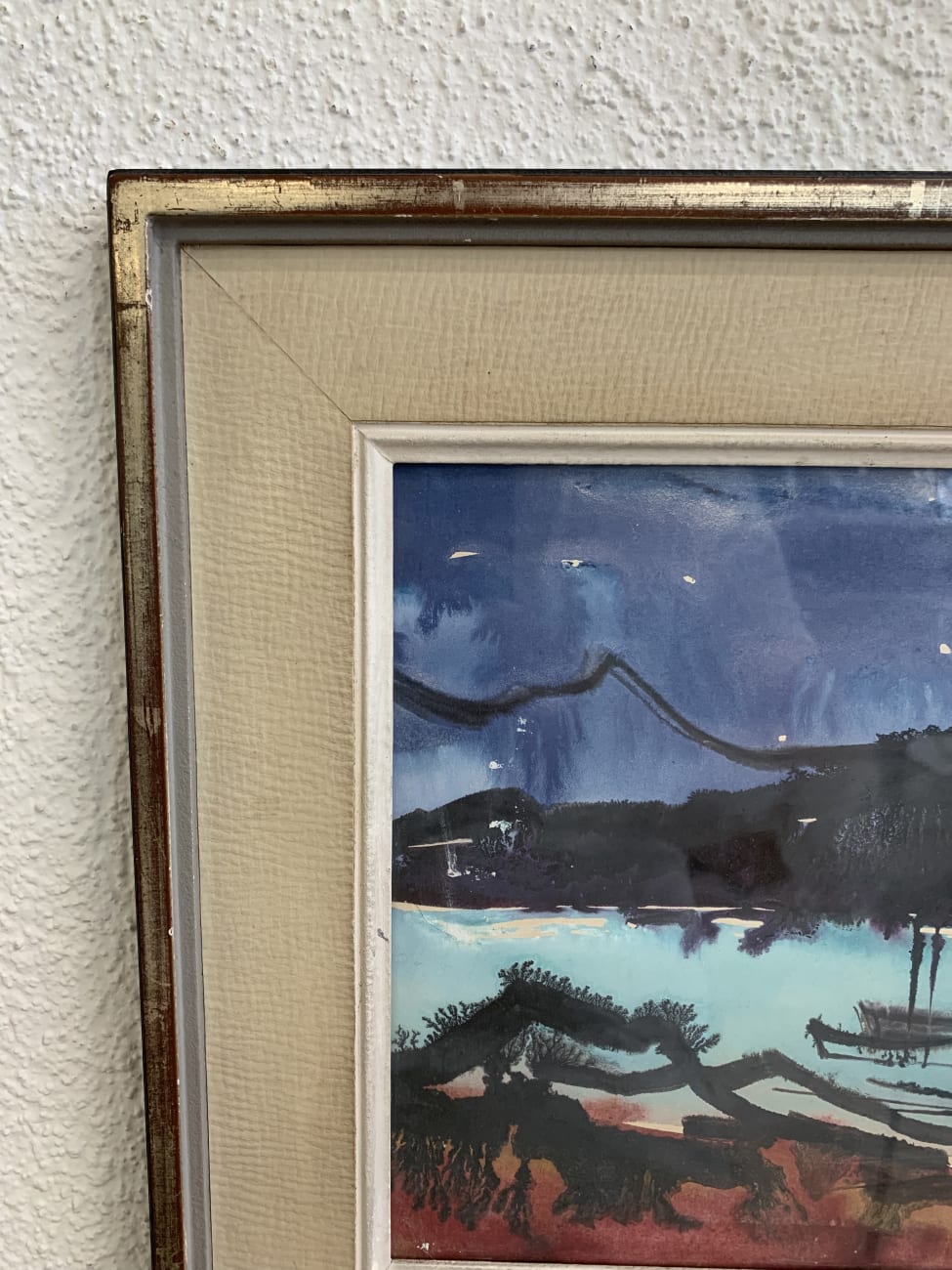 Vintage Aquarell Landschaft mit Booten im Holzrahmen