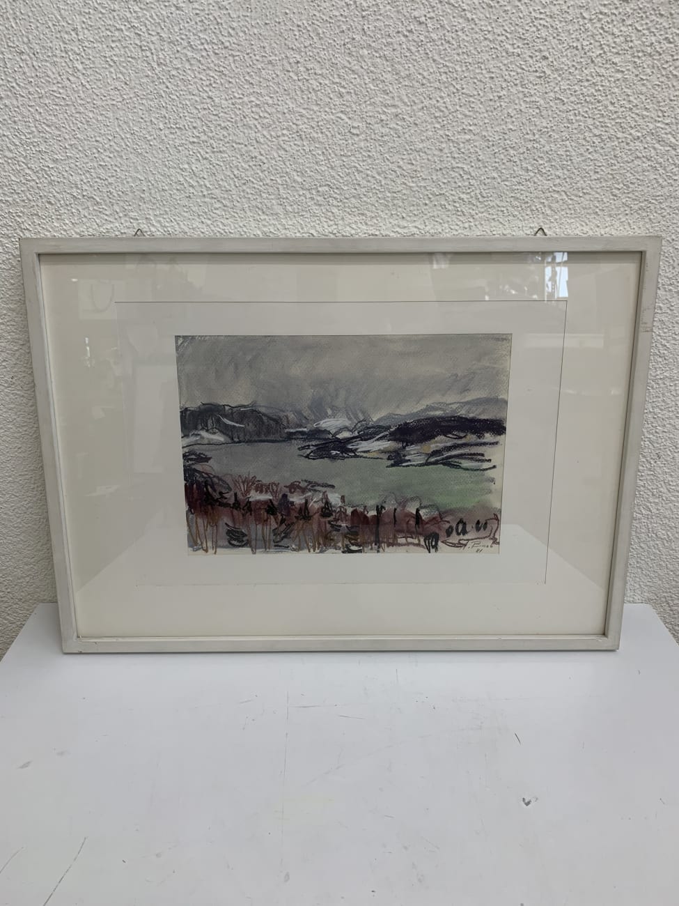 Vintage Aquarell Landschaft im weissen Holzrahmen signiert